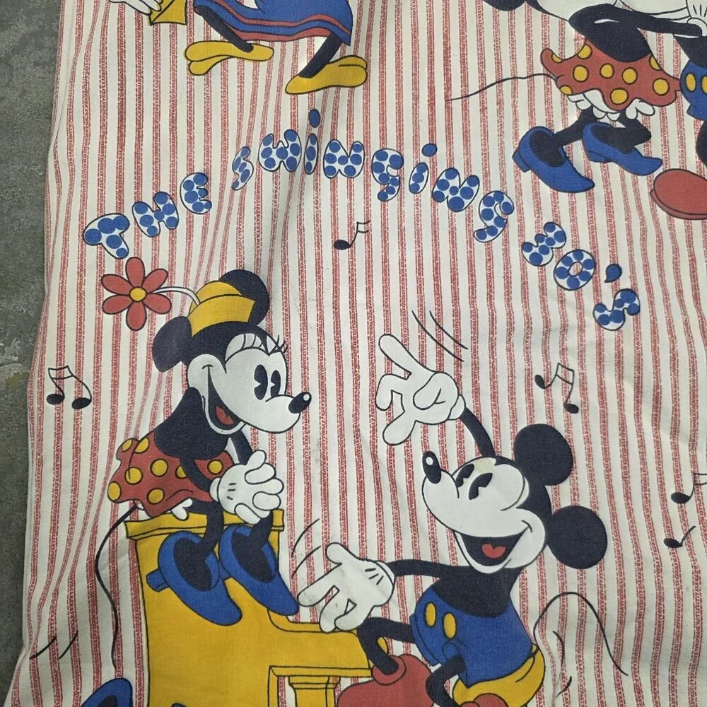 DISNEY mickey Minnie vintage The Swinging 30's Striped Flat Sheet 52 X 80in Appr